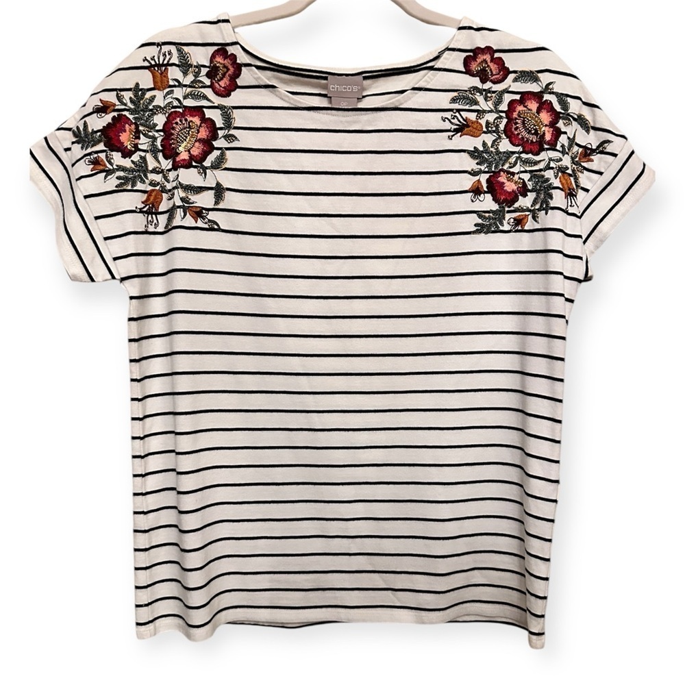 EUC Chico's Embroidered Red, Black and White Striped Top